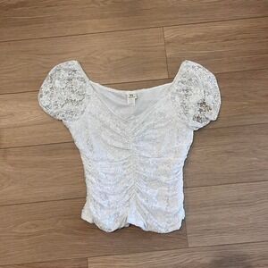 Vintage White floral Lace Ruched Top Puff Sleeves Fairy Balletcore Y2K Coquette